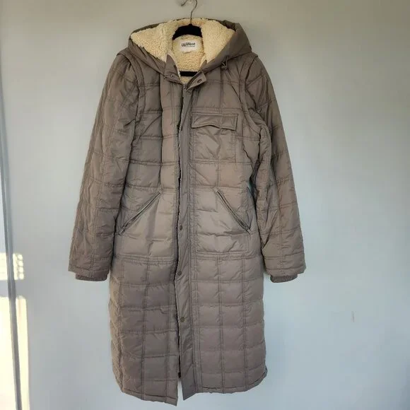 UpWest M Convertible Sherpa-Lined Parka Jacket Sage Green Ash Long Vest Hooded - Picture 2 of 11